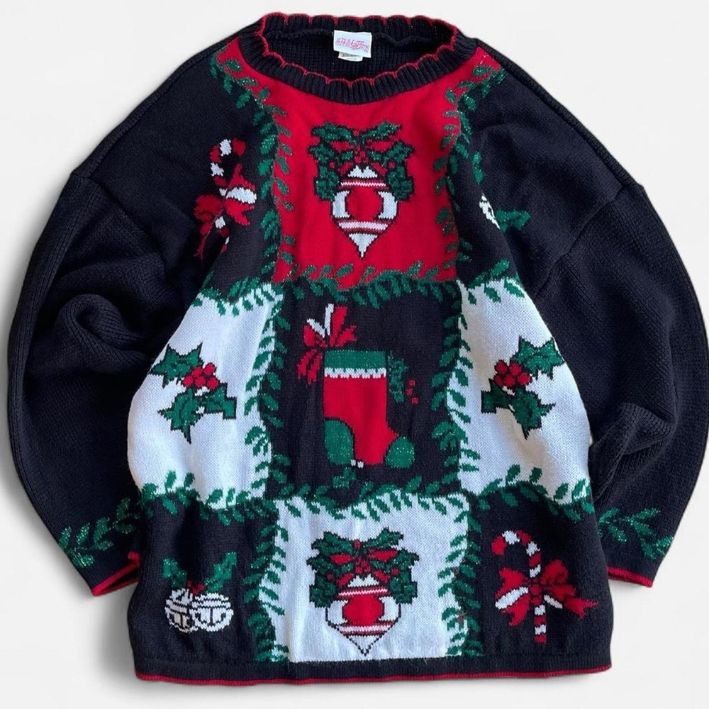 Vintage Holiday Time Acrylic Knit Red Black White Festive Christmas Sweater L